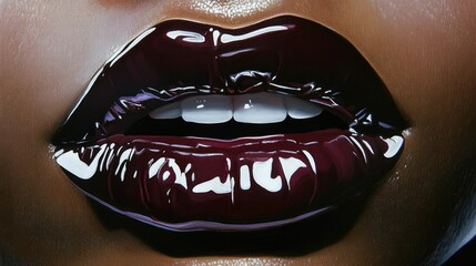 Detailed view of glossy lips with a transparent finish, revealing a fresh and natural look.