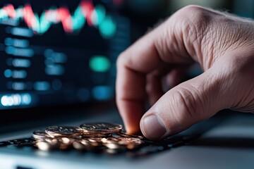 Fototapeta premium A close-up of a hand placing coins on a laptop keyboard while analyzing stock graphs on the screen, symbolizing investment choices and financial strategy in the digital age.