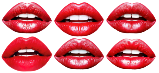Set of beautiful female lips with colorful makeup on a transparent background. Design concept, kiss, and sweet lips.