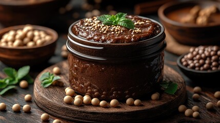 Soy bean paste, dark brown, wooden bowl, mint garnish, kitchen setting, food photography