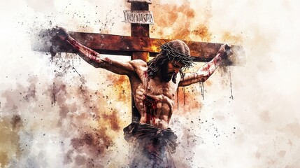 Jesus dies on the Cross. The Crucifixion and Death of Jesus. Digital watercolor painting.