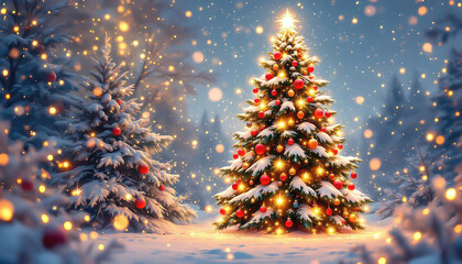 A Christmas tree adorned with twinkling lights and colorful ornaments, snowy winter. decorated fir tree in snowy landscape, beautiful christmas tree with red balls on abstract winter background