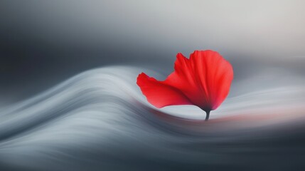 Red flower gracefully floating ethereal gray background