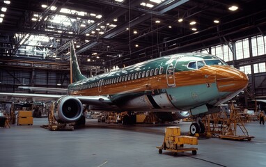 A Boeing 737-800 undergoes meticulous maintenance in a large hangar, its vibrant livery gleaming under bright lights. A scene of precision and care.