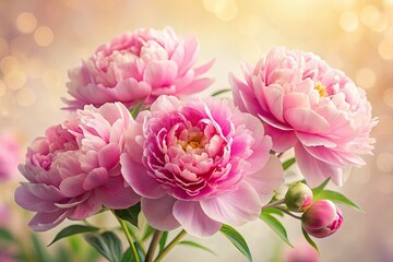 Fototapeta premium A soft-lit pink peony blooms, a creamy backdrop enhancing its spring beauty.