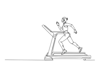 Man running on a treadmill continuous one line drawing. Single line art illustration of man running speed on treadmill. Editable vector.