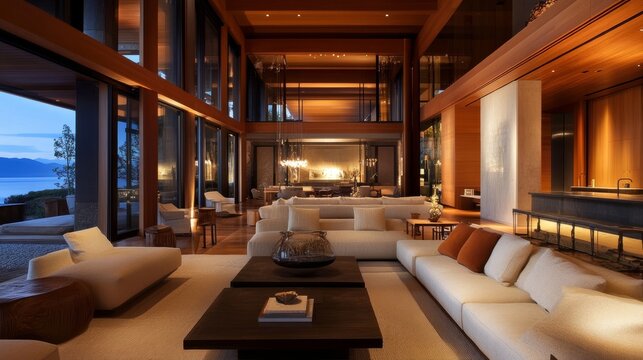 Inviting modern living room with warm wood accents, chic furniture, and a cozy ambiance for gatherings in a luxurious home.