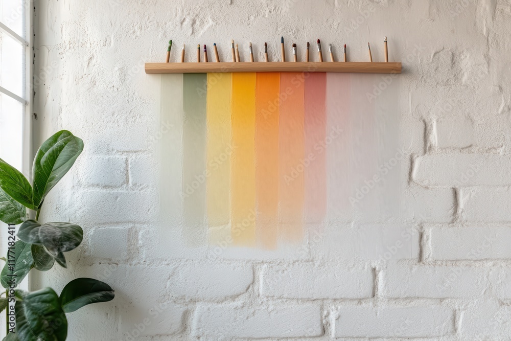 Aufkleber a visually appealing gradient of colors is showcased on a white wall, with various colored pencils a