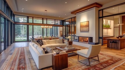 Inviting modern living room with warm wood accents, chic furniture, and a cozy ambiance for gatherings in a luxurious home.