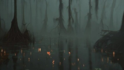 A dark, eerie swamp with thick fog creeping across the water - Powered by Adobe
