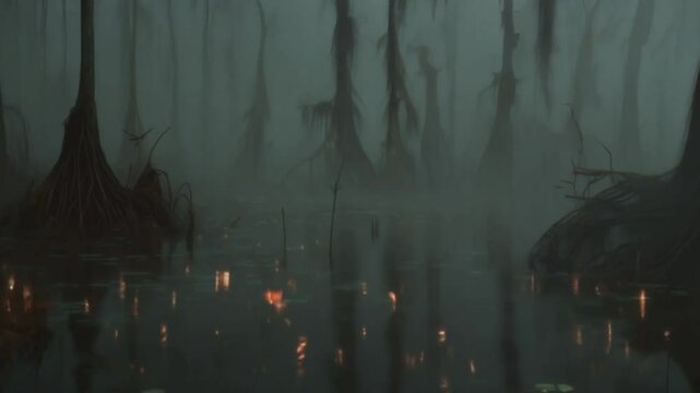A dark, eerie swamp with thick fog creeping across the water