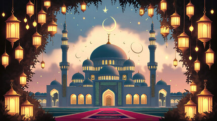 Ramadan Kareem, Islamic background with mosque and lamps