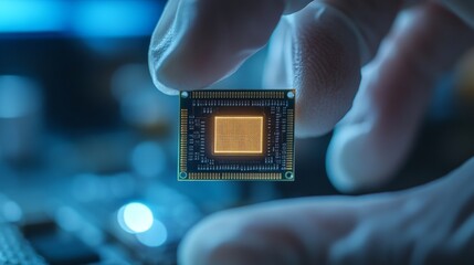 A cutting-edge microchip held by a gloved hand, symbolizing precision, innovation, and the future of technology in the tech and electronics industry.