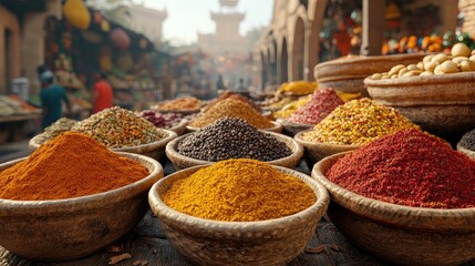 Fototapeta premium Colorful spices market stall, Asian bazaar, morning sun, bustling crowds, food photography