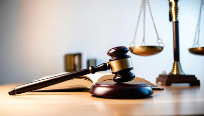 judge gavel, law books and scales of justice on desk in lawyer office. legal justice concept. Law concept. Mallet of the judge