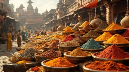 Colorful spices displayed at bustling Asian marketplace