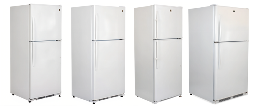 Set of closed refrigerators on a transparent background. Decor and design concept.
