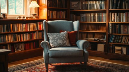 Inviting reading area with a cozy armchair, a throw pillow, and an assortment of books on a nearby shelf