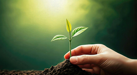 A man hand planting a small green plant in rich soil, care for the environment, with warm sunshine. Concept of environmental conservation and global warming reduction