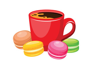 Red cup of coffee and colorful macarons vector illustration. Coffee mug and french macaroons icon set vector isolated on a white background. Pink, green, yellow and brown macarons drawing