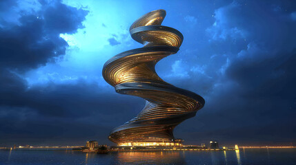 Obraz premium Futuristic spiral tower at dusk, reflecting on calm water.