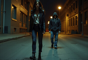Obraz premium Young woman followed by a man in an Urban Nighttime Setting