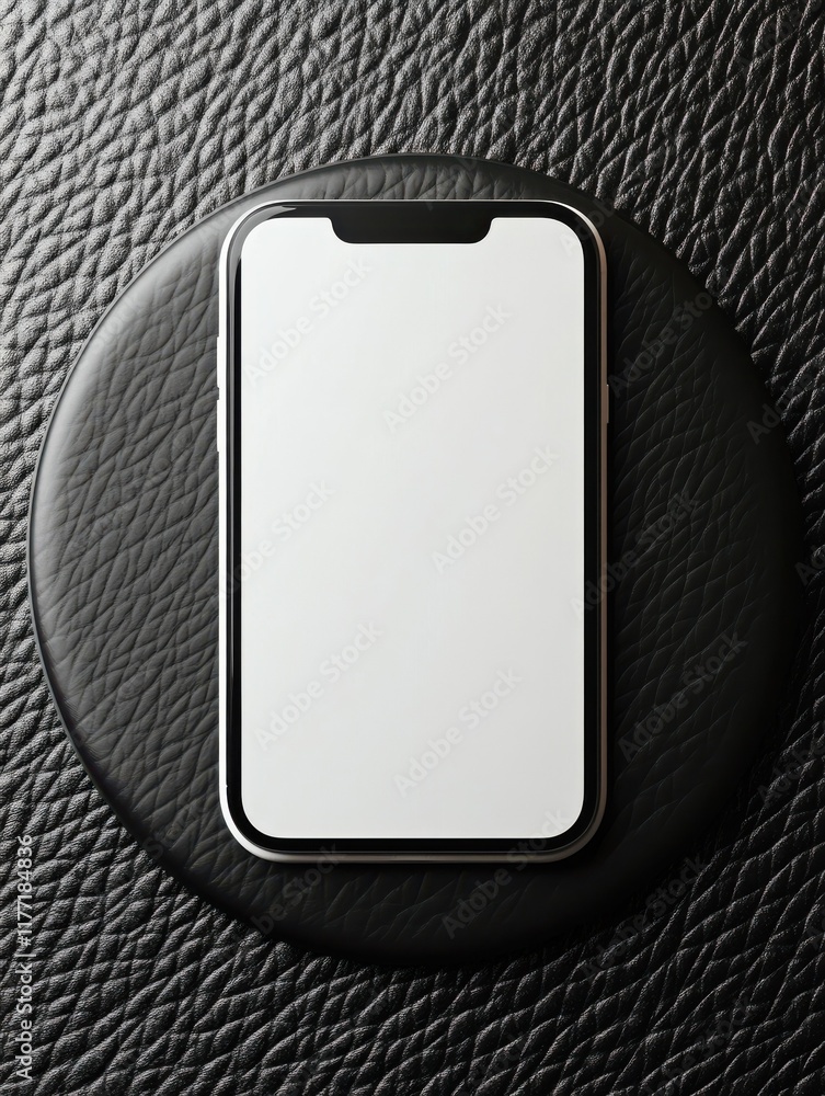 Poster top view of white mock up smartphone on creative black leather circle background. presentation, prod