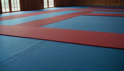Spacious training area with red and black mats illuminated by natural light in a well-ventilated building,gym, atmosphere, comfort, community, discipline, exercising, fitness, 456