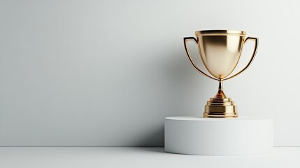 Golden trophy cup displayed on a white pedestal isolated against a grey backdrop symbolizes achievement and recognition in competitions