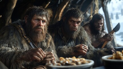 Obraz premium Early humans in a prehistoric scene, showcasing tools and survival, perfect for educational and historical content.
