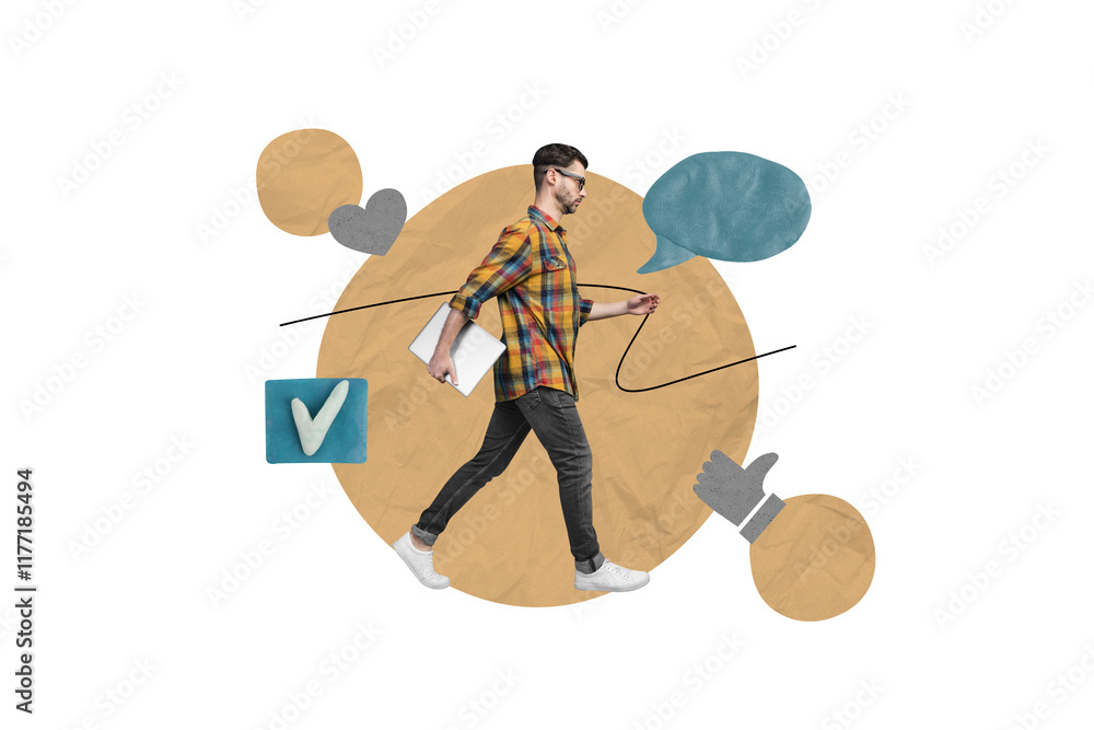 Aufkleber creative collage portrait of successful guy hold netbook walk check mark icon dialogue bubble like n