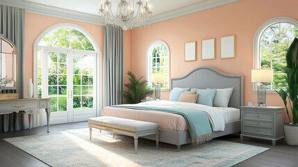 Fototapeta premium Cozy Bedroom with Peach Walls and Soft Gray-Blue Accents