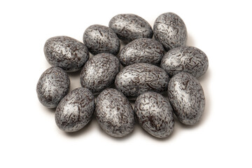 Chocolate silver eggs isolated on a white background.