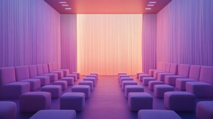 Obraz premium Futuristic conference room with purple seating and ambient lighting for events