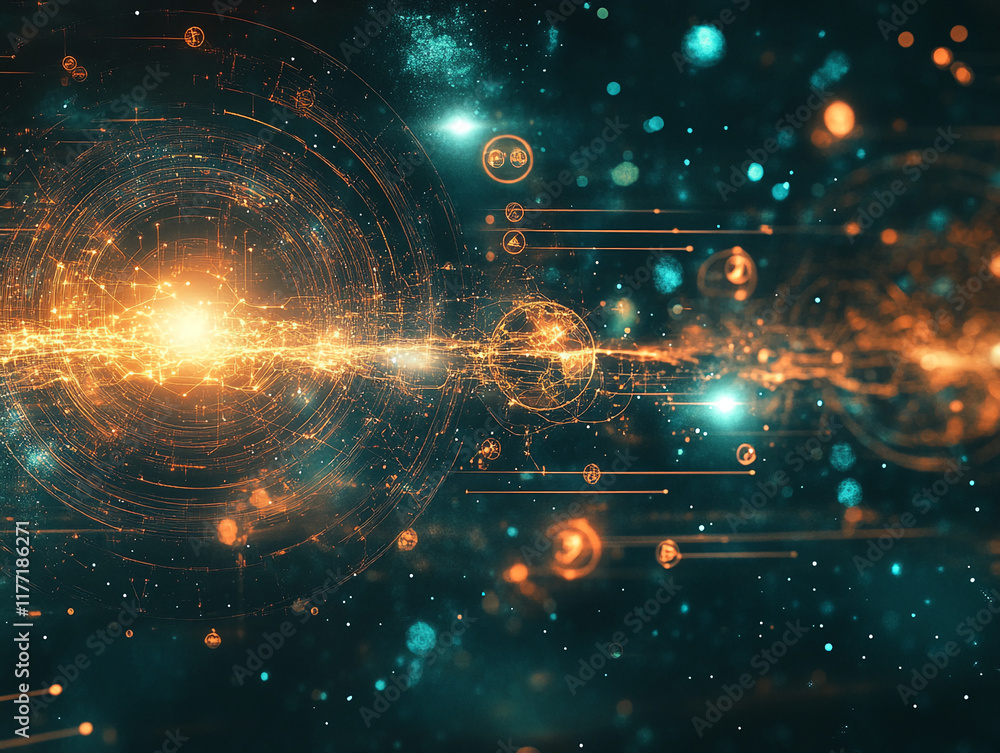 Poster Futuristic glowing digital network with abstract cosmic elements