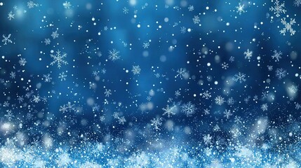 Fototapeta premium Snowflakes falling on blue background, winter wonderland backdrop.