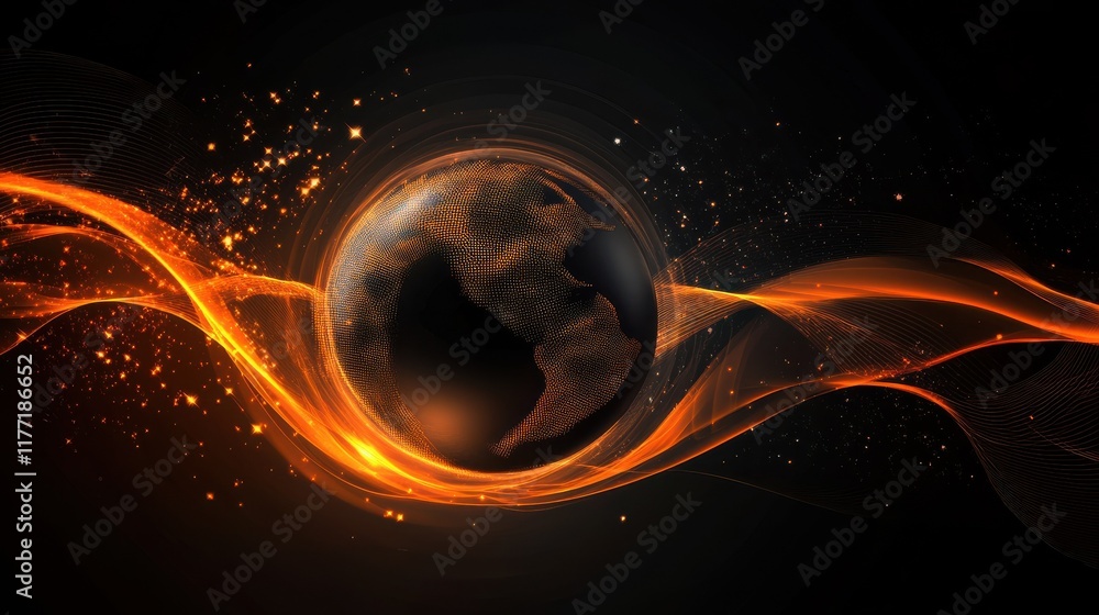 Poster abstract black orange technology background with earth globe and smooth waves. concept tech vector d
