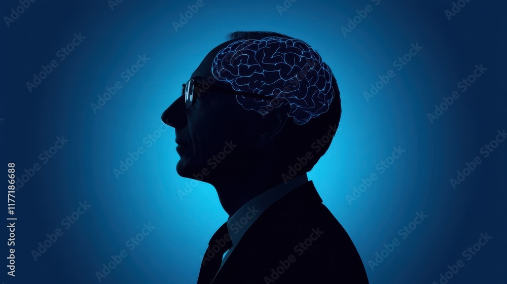 Poster man profile silhouette with abstract polygonal brain on blue background. artificial intelligence and