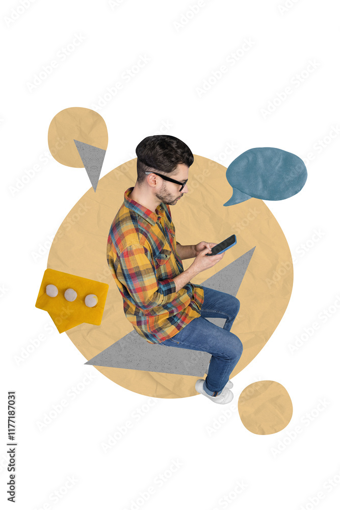 Aufkleber vertical collage image of blogger guy use smart phone chatting dialogue bubble isolated on creative 