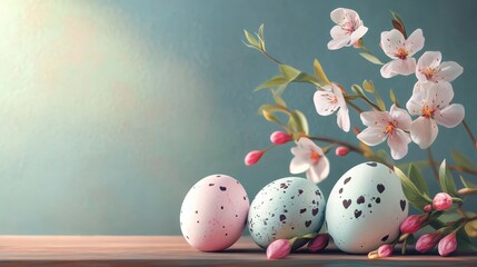 Easter holiday celebration banner greeting card banner with easter eggs and flowers on table