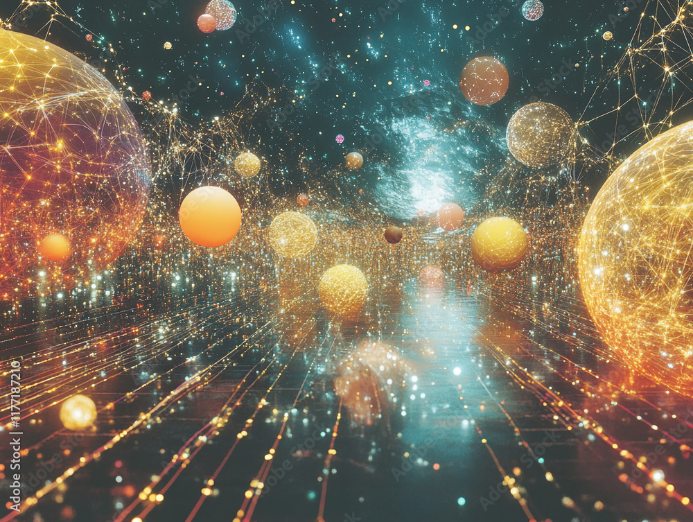 Poster abstract glowing spheres and network connections in a cosmic environment