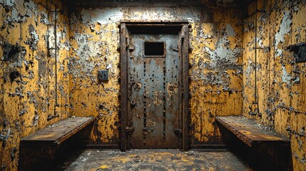 Old jail cell with metal door, peeling paint, benches, and dimly lit interior