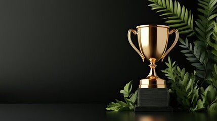 Fototapeta premium A shiny golden trophy cup sits prominently against a black background, representing achievement and the celebration of success