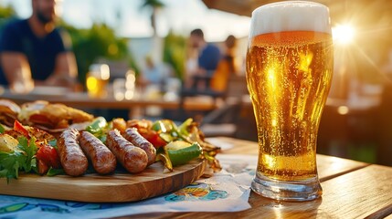 Cold glass of draft beer and grilled sausages on the open space of the backyard, grill party