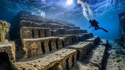 Diver explores sunlit underwater artificial reef structure.