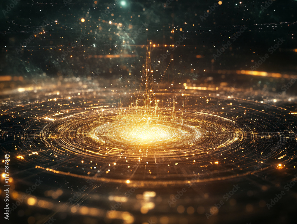 Poster abstract golden concentric rings and glowing particles in a futuristic design