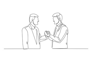 Businessmen handshaking with the client in continuous one line drawing. Simple line art illustration of Business deal concept. Editable vector.