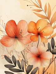 Abstract spring season floral Background. Warm tone blossom wallpaper design with wild flowers, blooms and leaves. Line art and watercolor texture perfect for banner, prints, wall art, decoration.