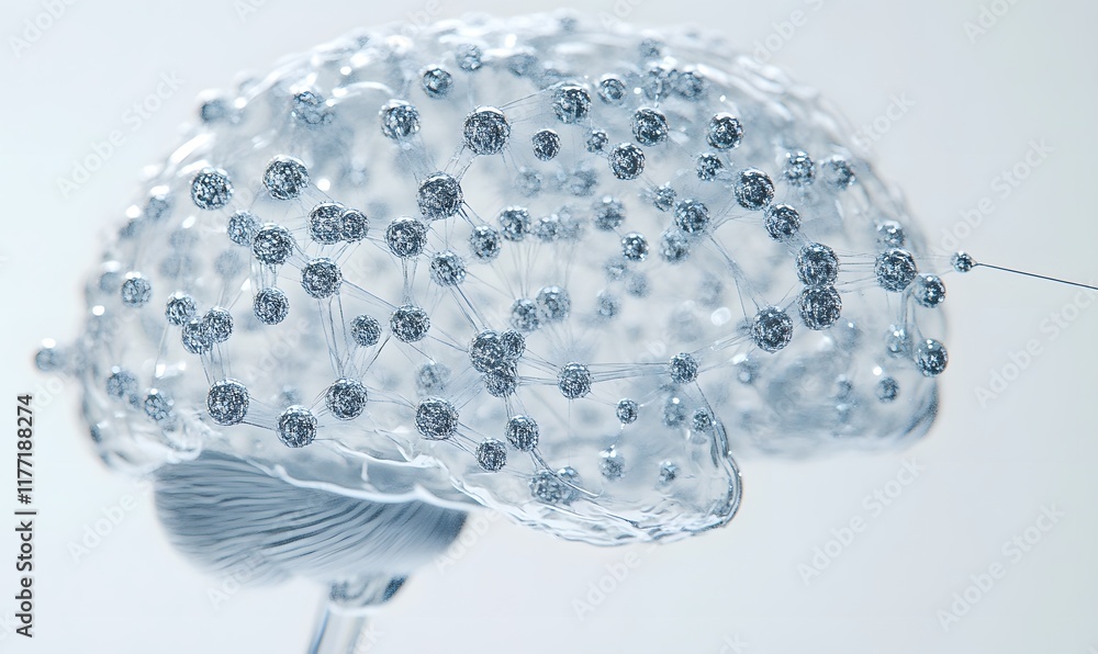 Poster translucent brain model with interconnected nodes, representing neural network and cognitive process