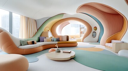 Modern Kids Playroom Interior Design  Colorful Organic Shapes   Cozy Furniture